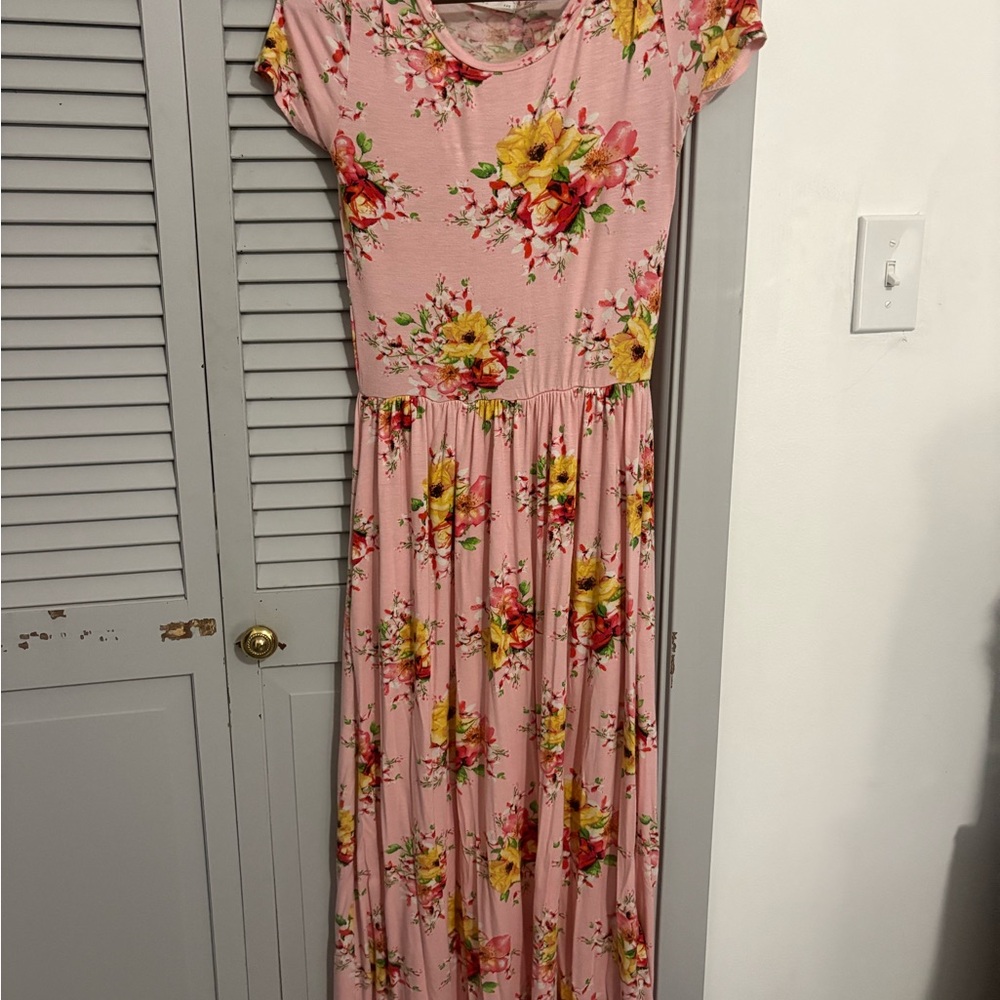 Pink Floral Maxi Dress with Yellow Bouquet Print